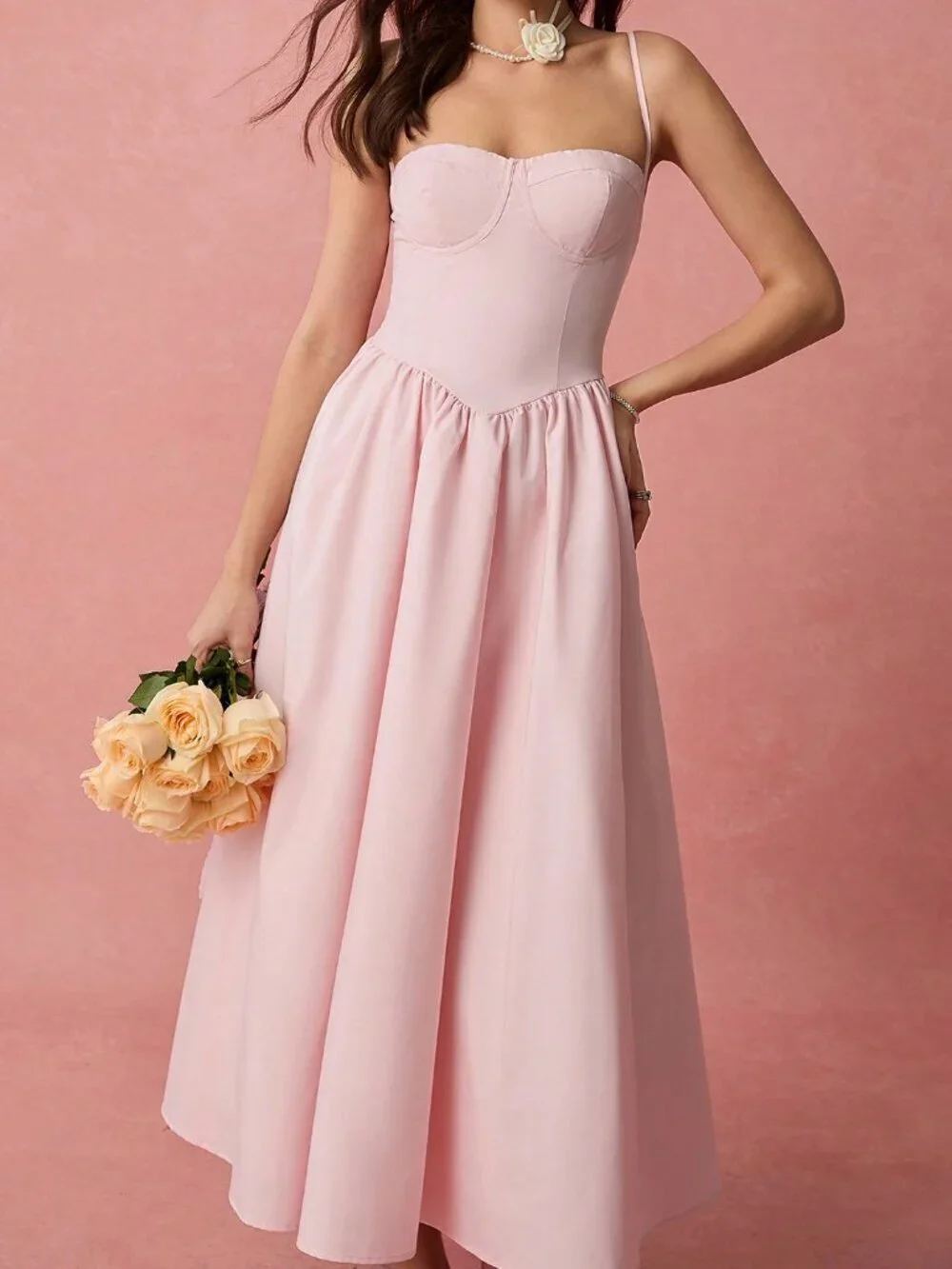 Pink Elegant Women's Romantic Pleated Long Dress